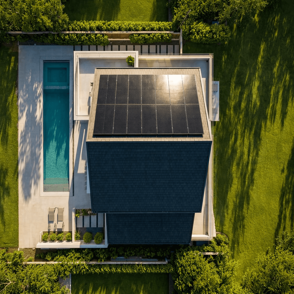 Aerial view of modern home with solar panels and premium roofing installation