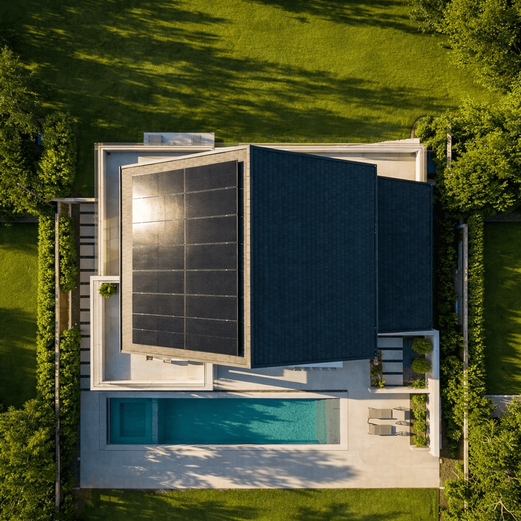 Aerial view of modern home with solar panels and premium roofing installation